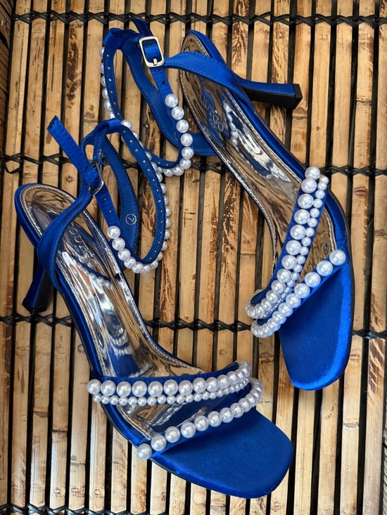 Boutique Brand Shoes - NEW Blue Satin Pearl Heels Ankle Strap Dress Sandals Wedding Guest Women Size 7